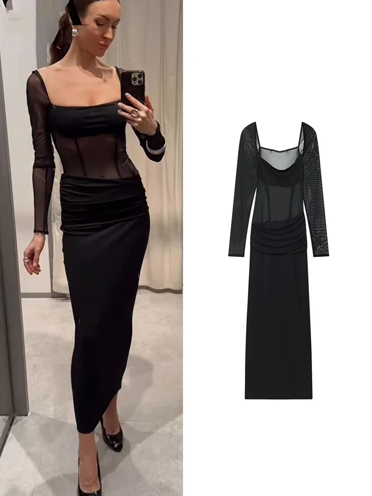 レディースセクシーシアーメッシュマキシドレスシックなスプライス長袖ボディコンスクエアカラードレスレディースパーティークラブプルオーバードレス新作