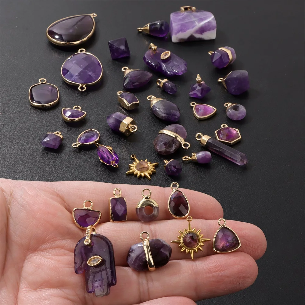 Wholesale Natural Amethyst Pendant Connector Reiki Hexagon Sun Bag Sun Stone Charm For Handmade Women Necklace Bracelet Jewelry