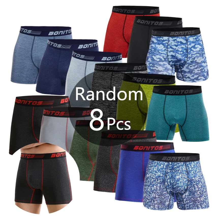 Random 8pcs Medium-Long Men Underpants BONITOS Letter Waistband Boxer Briefs Men's Panties Print Boxers Underwear For Man