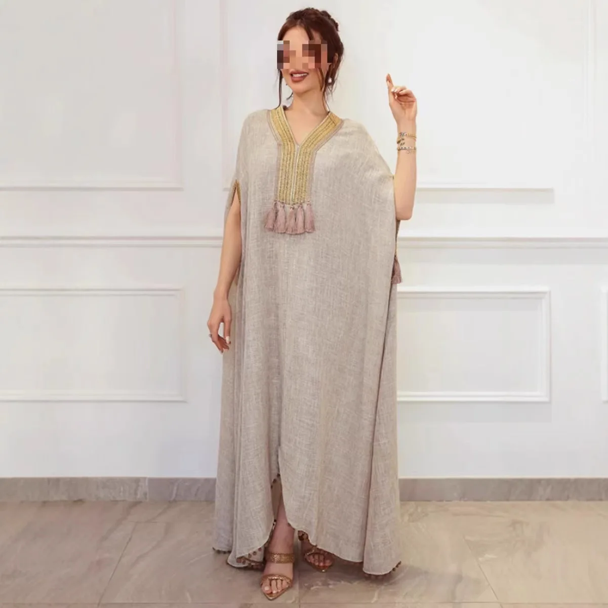 가을 겨울 중동 무슬림 여성 의류 코튼 린넨 태슬 하이웨이스트 롱 루즈 맥시 드레스