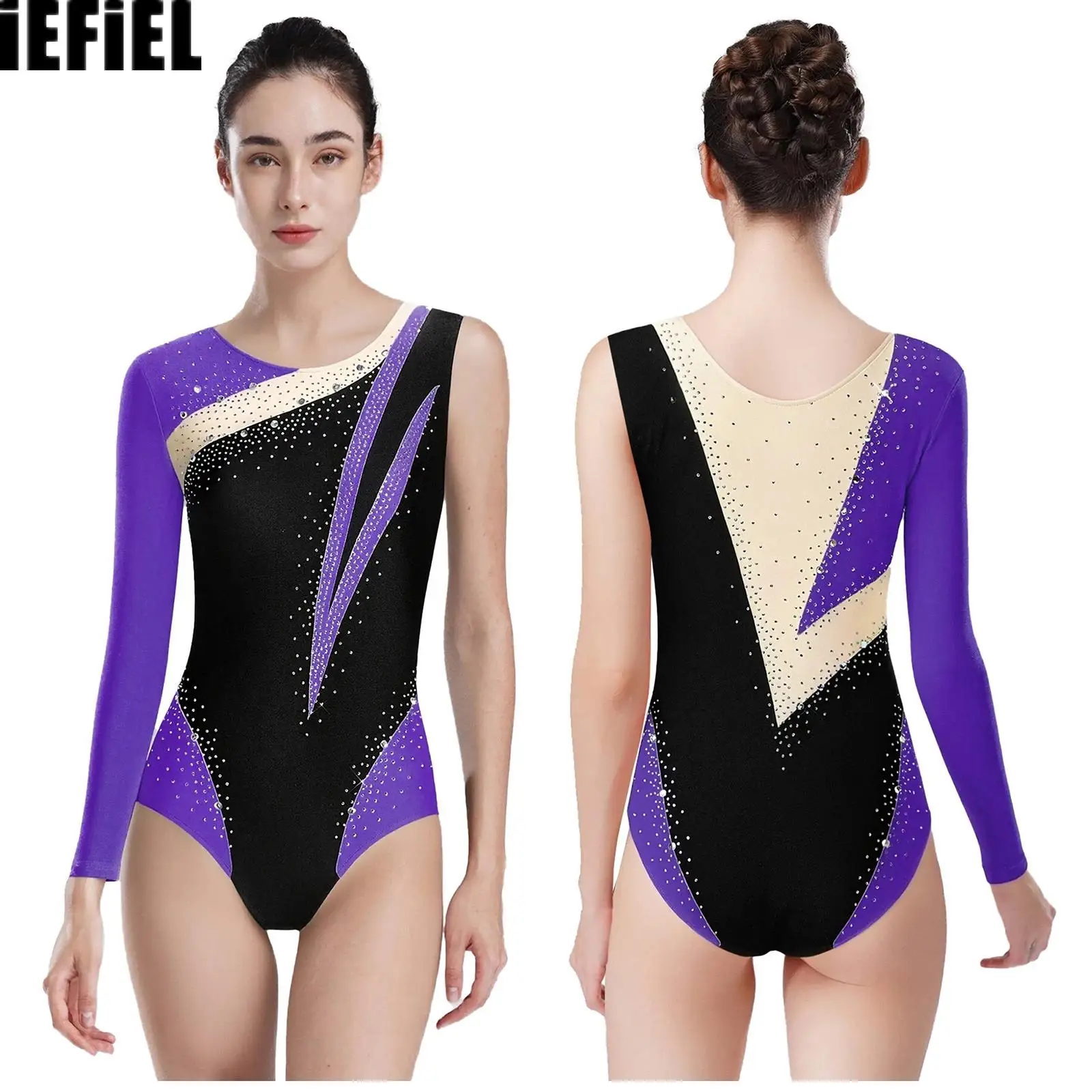 

Womens Gymnastics Ballet Leotard Long Sleeve And Sleeveless Color Blocking Asymmetrical Bodysuit Activewear for Figure Skating