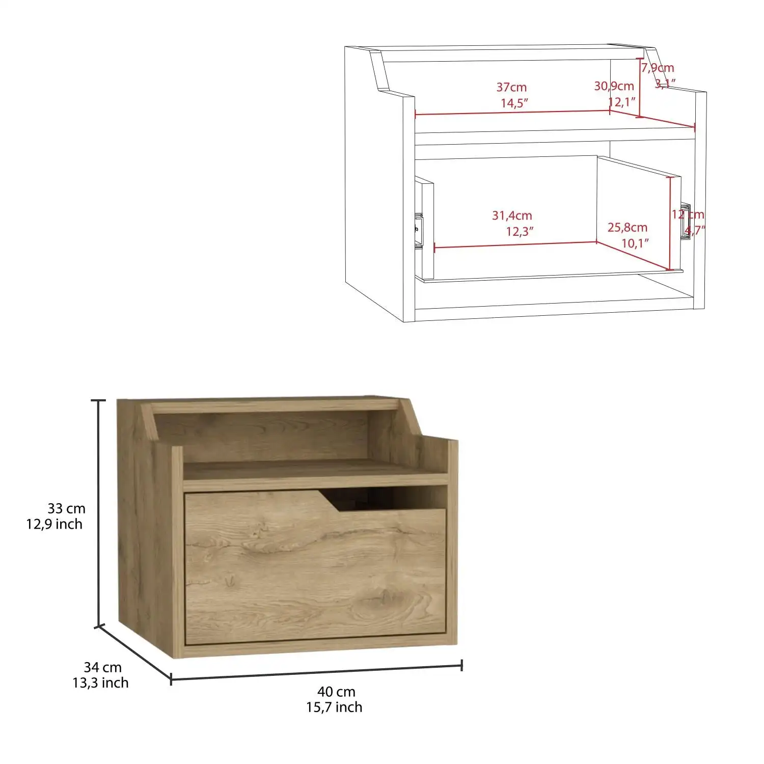 Busan Modern Floating Nightstand, Single-Drawer Design with Sleek Two-Tiered Top Shelf Surfaces Macadamia