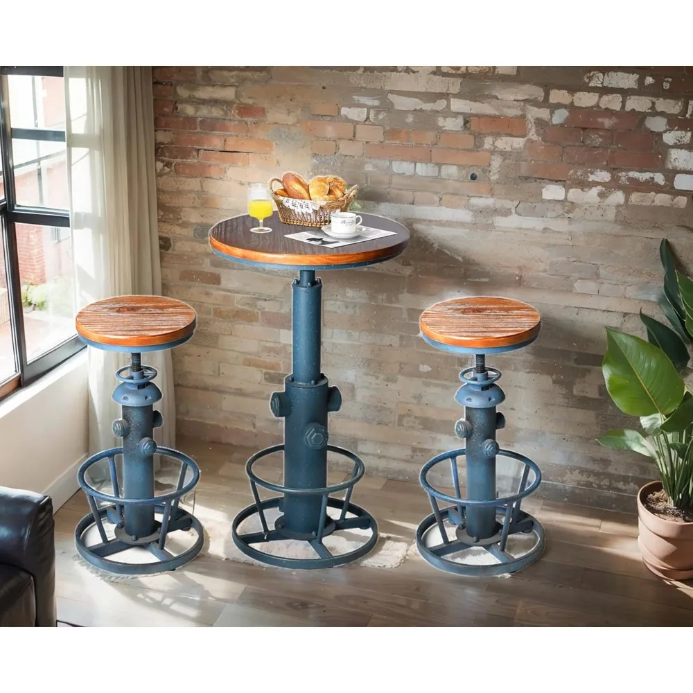 3 Piece Pub bar Set Retro Round bar Table and Stools for 2 Height Adjustable Pub Table and stools Match bar(1 Table + 2 Chairs)