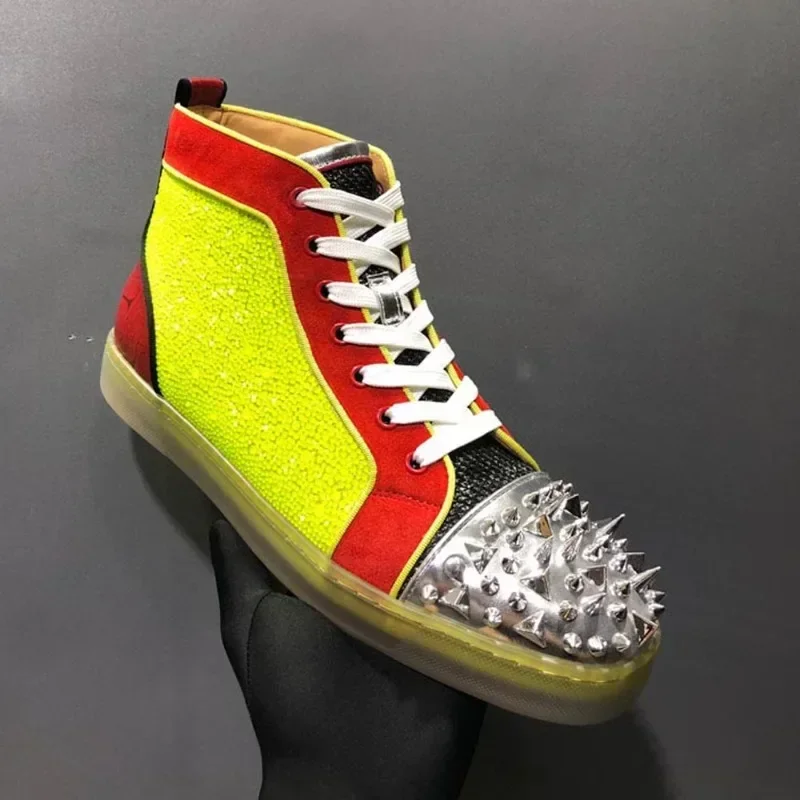 High Top Yellow Crystal Real Leather Red Bottom Shoes Diamond Rivet Men Casual Flats Loafers Wedding Sneaker Couple Women Spikes