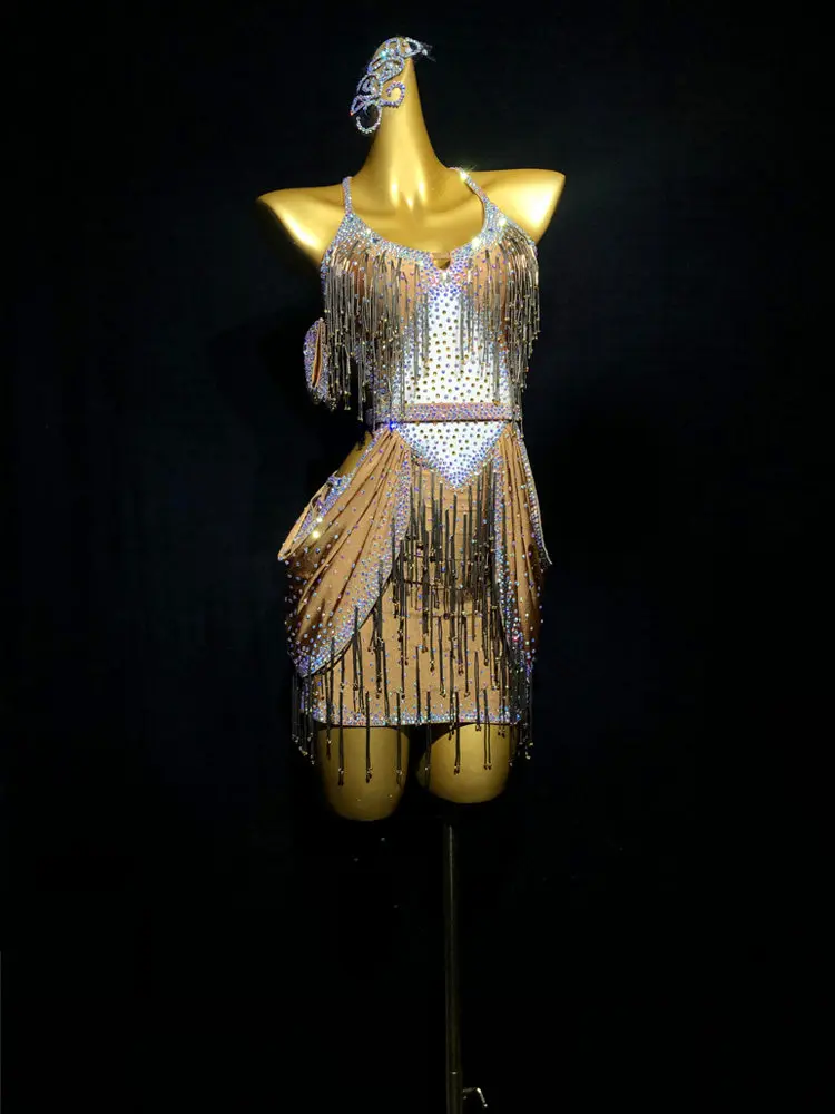 

Платье для латинских танцев для взрослых и детей, высококачественное платье-труба из стеклянных бусин с камнями AB, женская одежда для ча-ча-танго