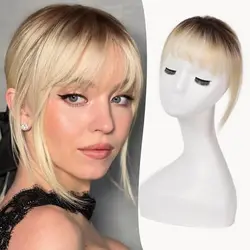 100% Real Human Hair Wispy Bangs Ombre Blonde Air Bangs Hairpieces for Women with Temples 3 Clips in Full Fringe Hair Extension