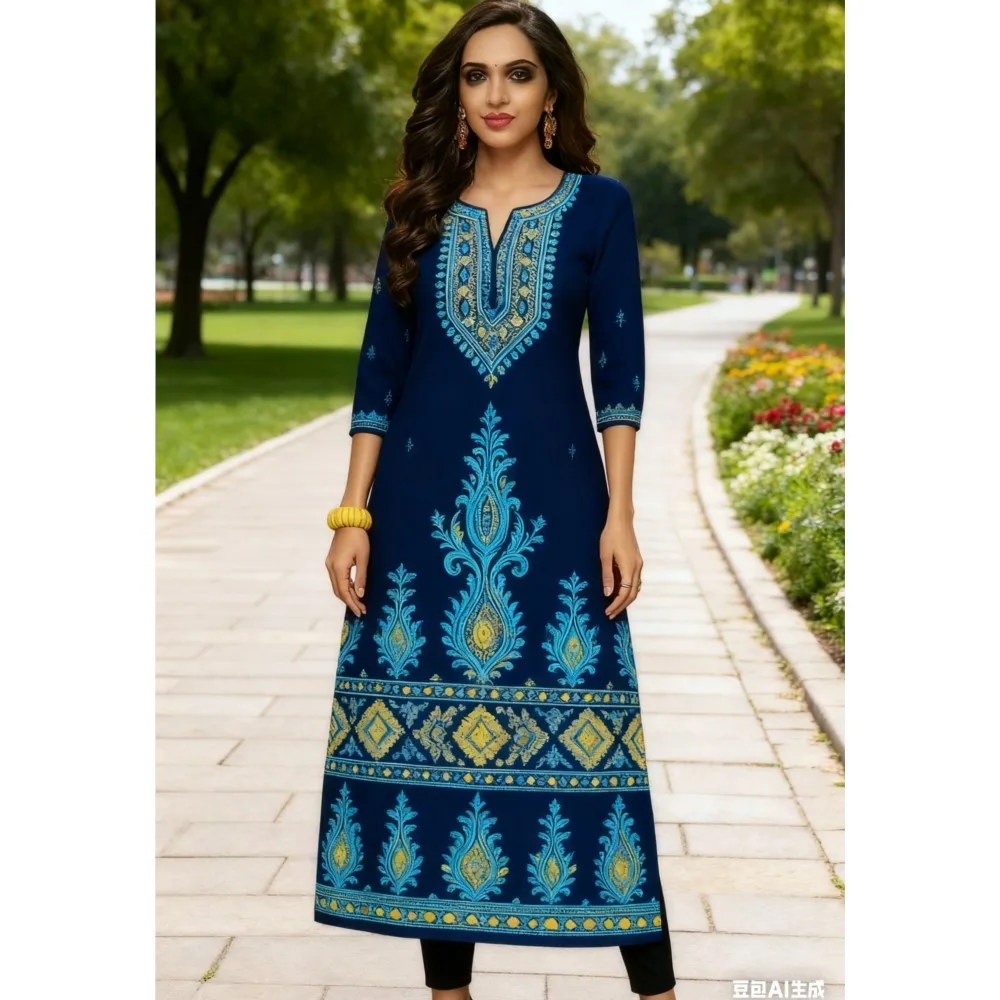 

Мусульманское женское повседневное платье Курта Ближневосточное прямое повседневное этническое цветочное мандариновое кафтан в национальном стиле Marocain Femme