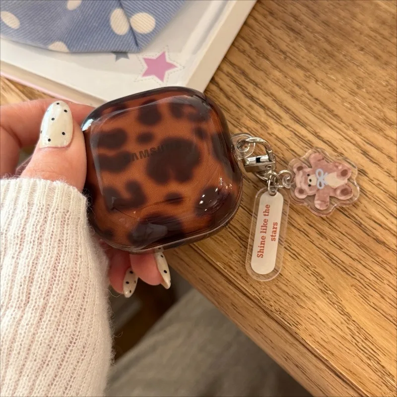 

For Samsung Galaxy Buds Core 3Pro 2 Live 3 FE Case Transparent Leopard Print Cover Cute Lovely Little Bear Pendant TPU Shell