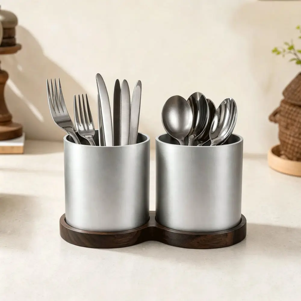 Space Aluminum Ebony Wood Cutlery Holder Kitchen Organizer Drainer Stand For Tableware Spoon Fork Chopsticks Box