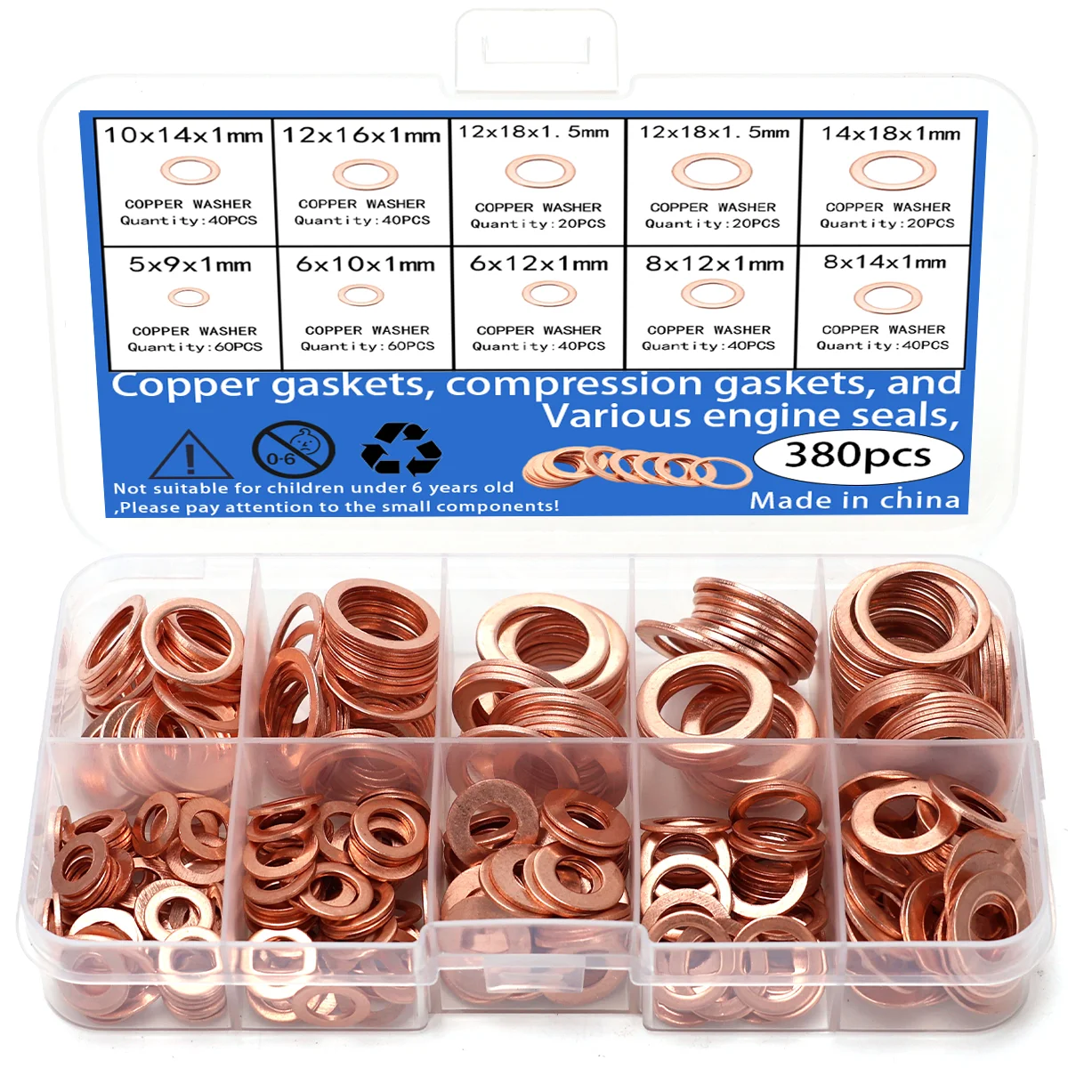 380-Piece Set of Metric Brass Washers, Washer Kits, Compression Washers, Engine Sealing Washers, Flat Washer Kits.