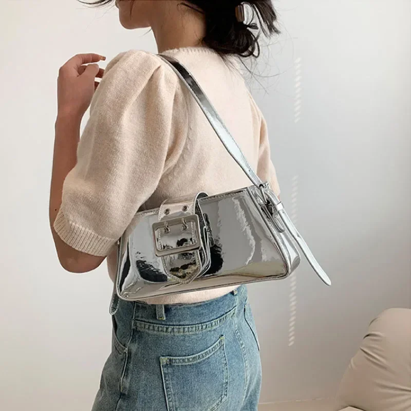 Silver Shoulder Bags for Women 2023 Spring Y2K Small Purse Glossy PU Leather Luxury Brand Female Underarm Handbags Pink