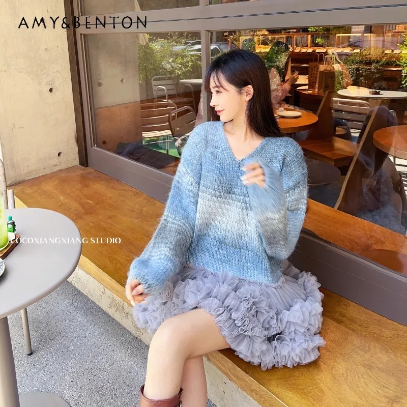 Fashion Design Stitching Heavy Industry Net Yarn Puffy Princess Dress V-Collar Contrast Color Slimming Sweater Pullovers Women