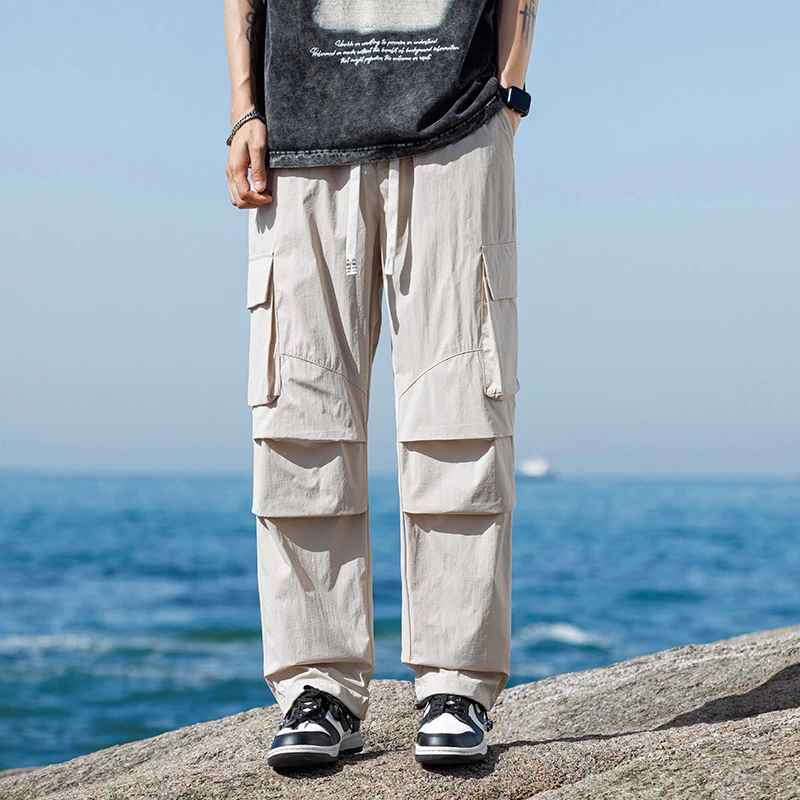 

England Style Solid Color Men's Clothing Elastic High Waisted Loose Spring Autumn Trousers Straight Drawstring High Street Pants