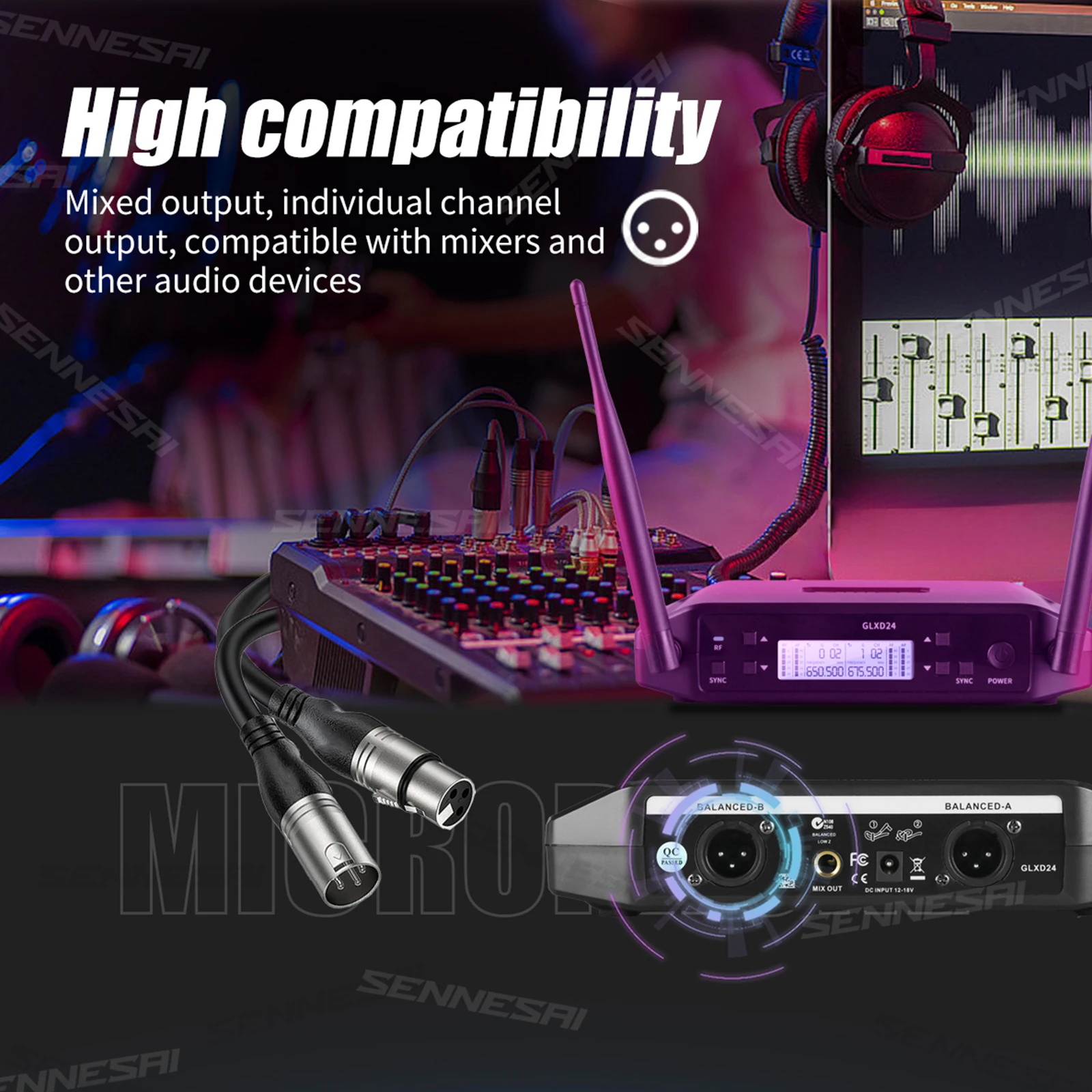 SENNESAI GLXD24 B58 Professional Dual Wireless Microphone 600-699MHz System Stage Performances UHF Dynamic 2 Channel Handheld