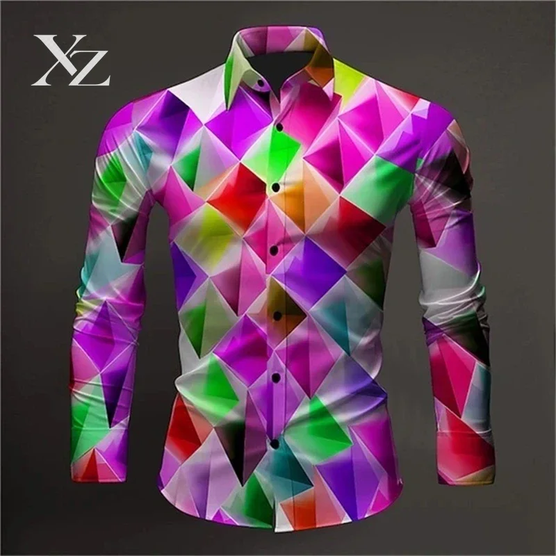 Men's Long Sleeved 3D Printed Colorful Splicing Casual Shirt, Trendy Personalized Spring Autumn Large Shirt XS-6XL