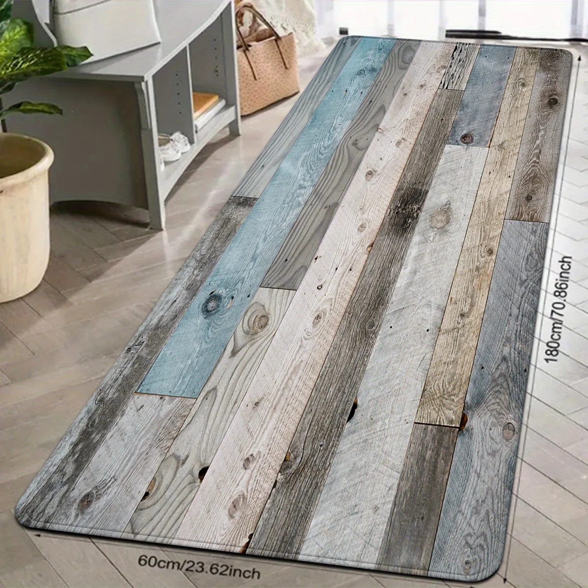 Blue-Gray Wood Grain Pattern Long Runner Rug Suitable for Kitchen Bathroom Laundry Room Decor