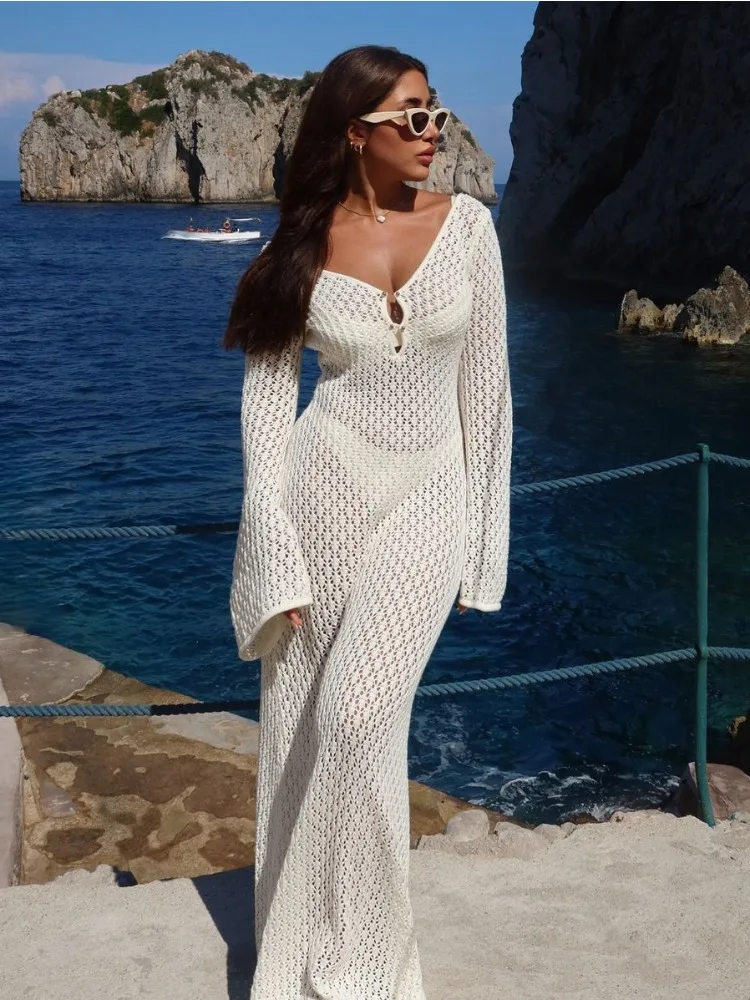 Taruxy Gehaakte Strand Maxi Jurk Sexy Gebreide Holle Bikini Badpak Cover-Up Zonwering Jurk Doorzichtig Slanke Dame