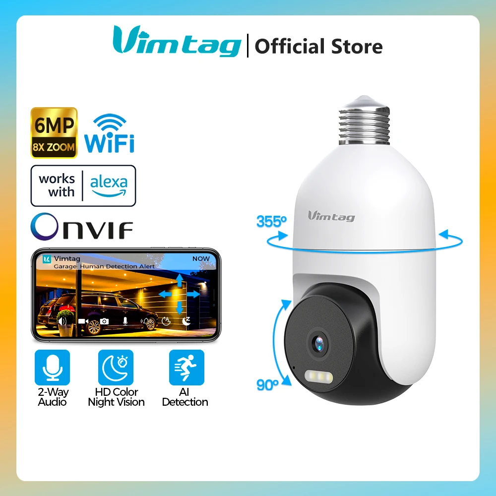 VIMTAG 3.5K Bulb Camera WIFI 360° Camera PTZ Color Night Vision Auto Track 2-Way Audio IP Cam Home Security Surveillance Camera