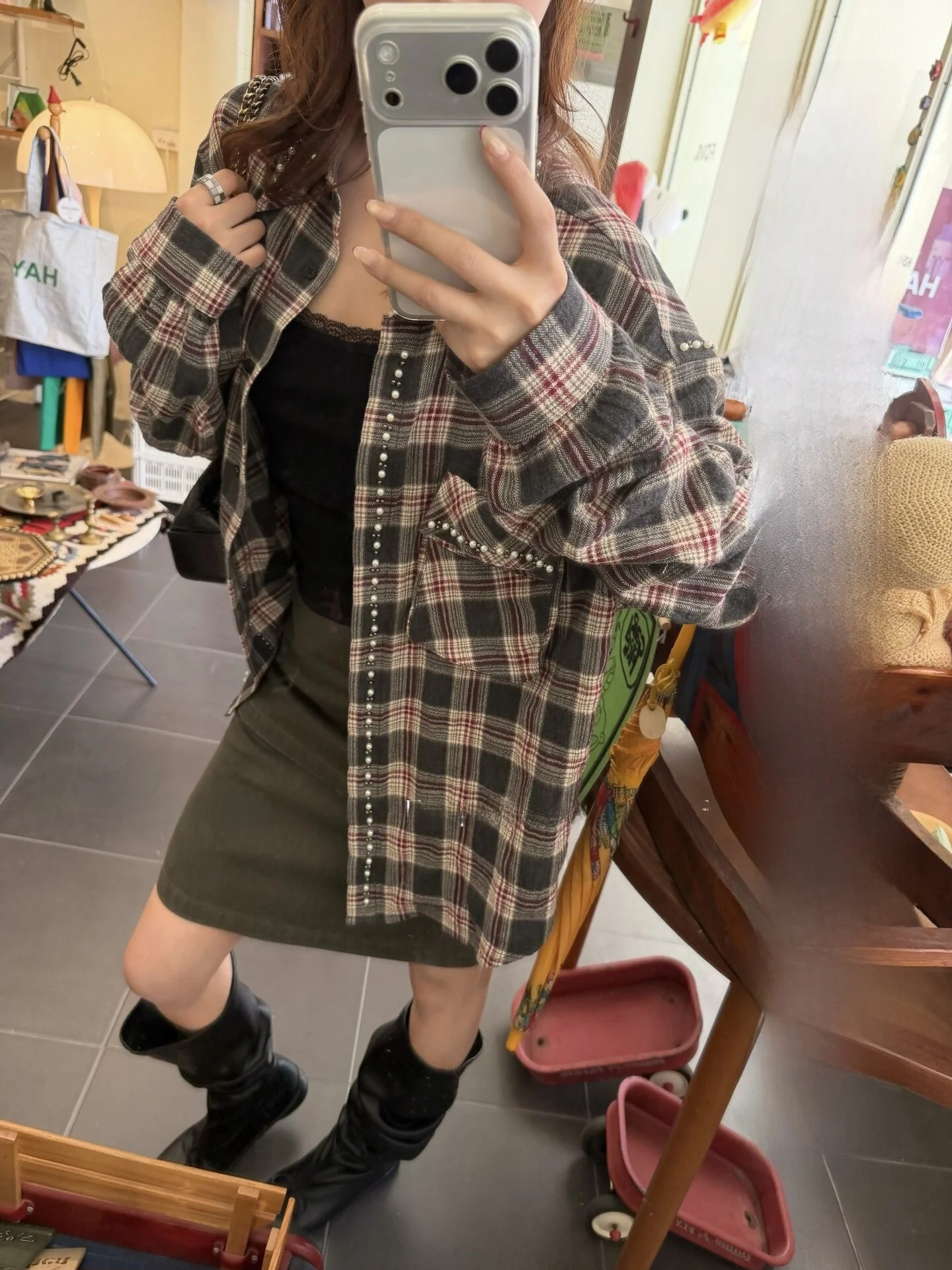 

American Sle Color Blo Plaid Women's irt Coat Turn-down Collar Bead Embellied Loose Fit Breathable Cotton Long Sve