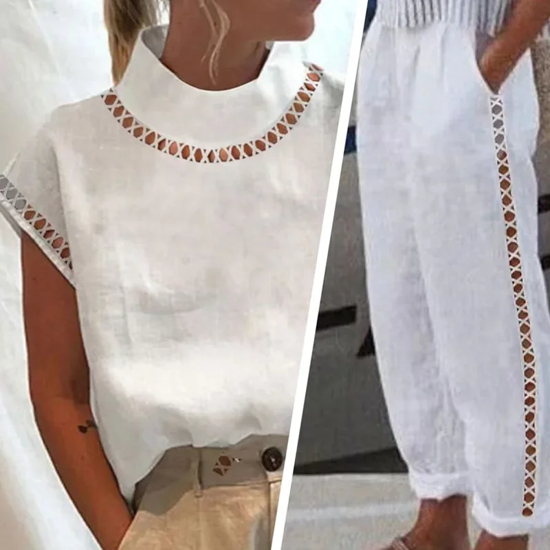 2024 Lady Loose Two Pieces Suits Women\'s Hollowed Out Cotton Linen Lace Suit Spring Summer Casual Pockets Solid Color Top+Pants
