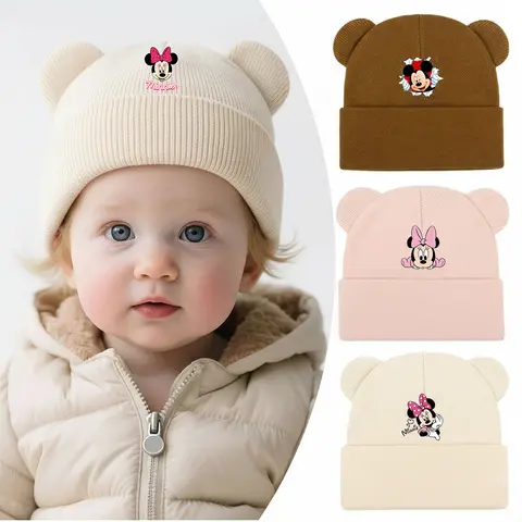 Mickey Minnie Mouse Autumn Winter Baby Warm Knitted Hats with Pom Kids Knit Beanie Hat Children Hat for Boys Girls Accessories