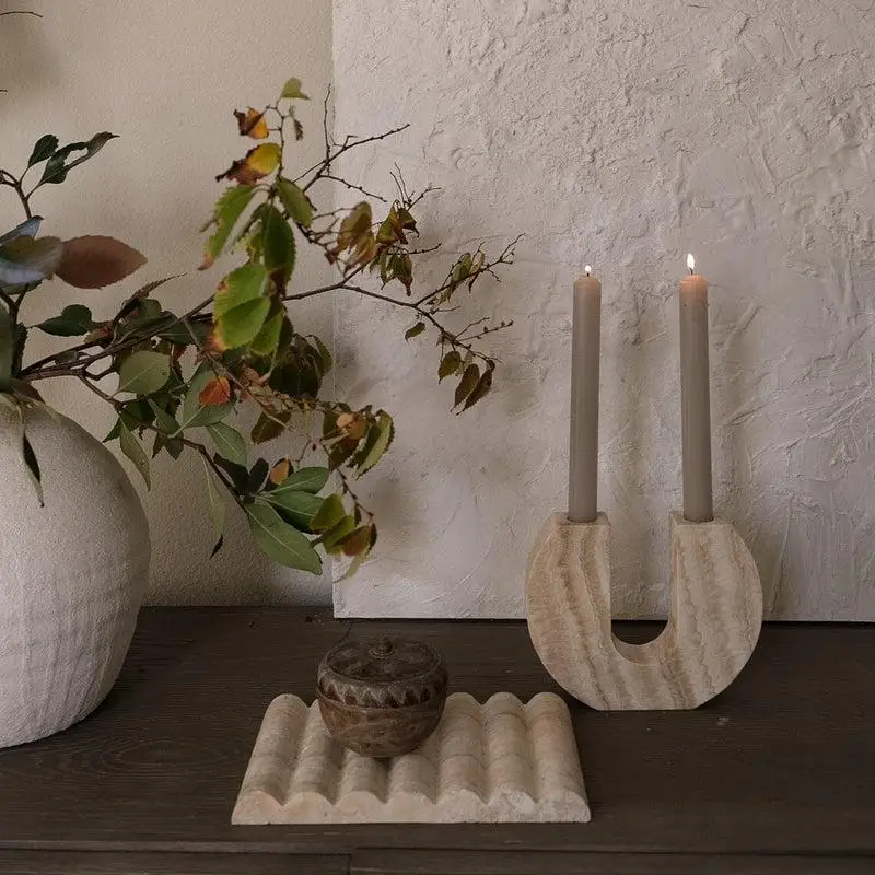 Natural Stone Beige Decor Matte Marble Home Decoration Double Sticks Travertine Candle Holder Candlestick Holders