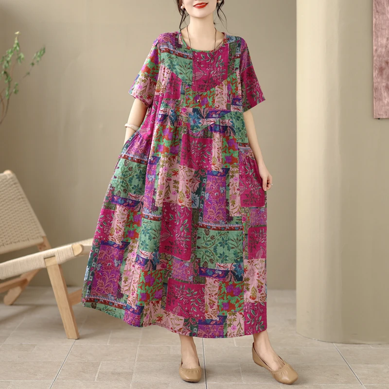 

Summer New Retro Cotton Lin Loose Slim A-Line Dress Women round Neck Pocket Short Sleeve Dress Artistic Style High Waist Long...