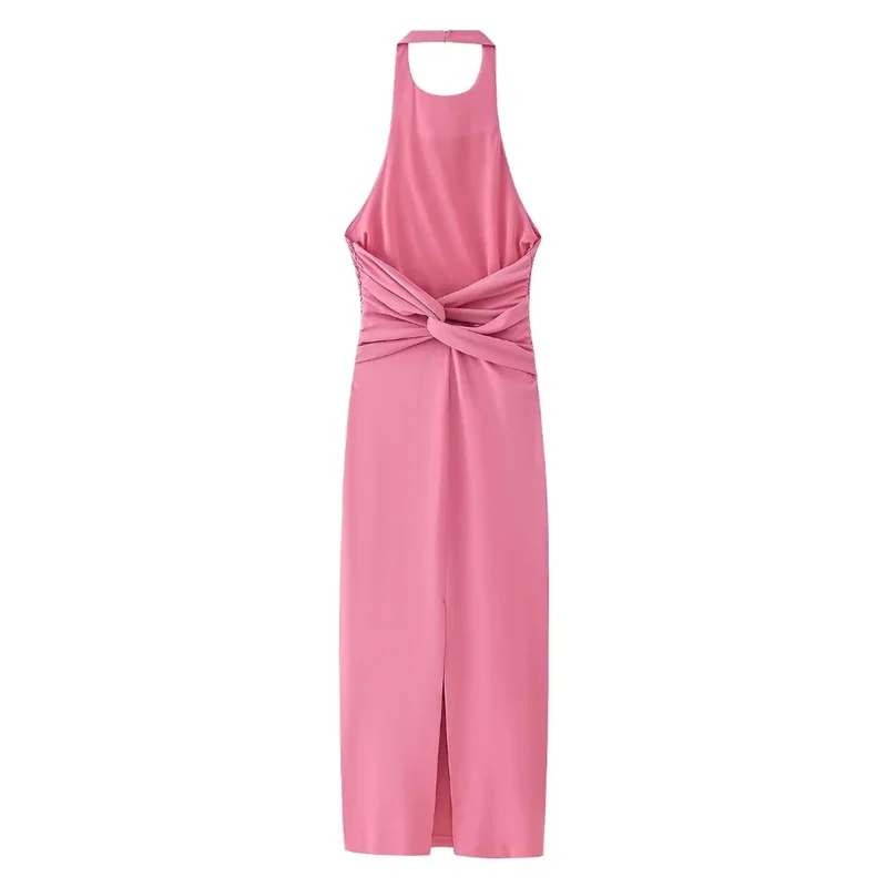 TRAF-vestido rosa con cuello Halter y espalda descubierta para mujer, vestido Midi ajustado con hombros descubiertos, vestidos fruncidos sin mangas para fiesta, vestidos sexis de verano 2024