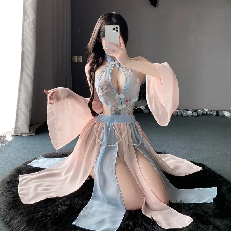 Sexy Classical Cheongsam Cosplay Costume Erotic Dresses See-through Outfit for Women Elegant Blue Chinese Antique-Style Lingerie