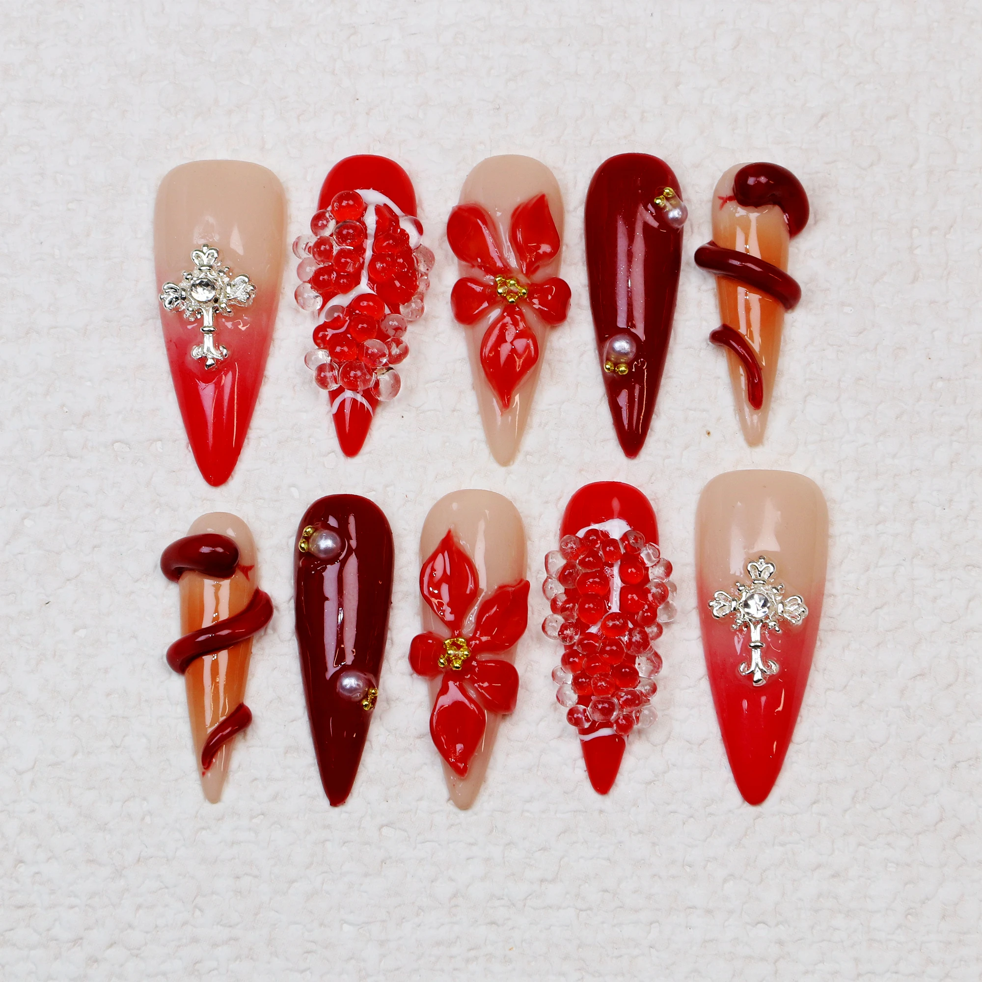 10Pcs Gel Red Long Stiletto Press on Nails Snake wound itself around Custom 3D Floral Nail for Halloween Bloody Color Cosplay