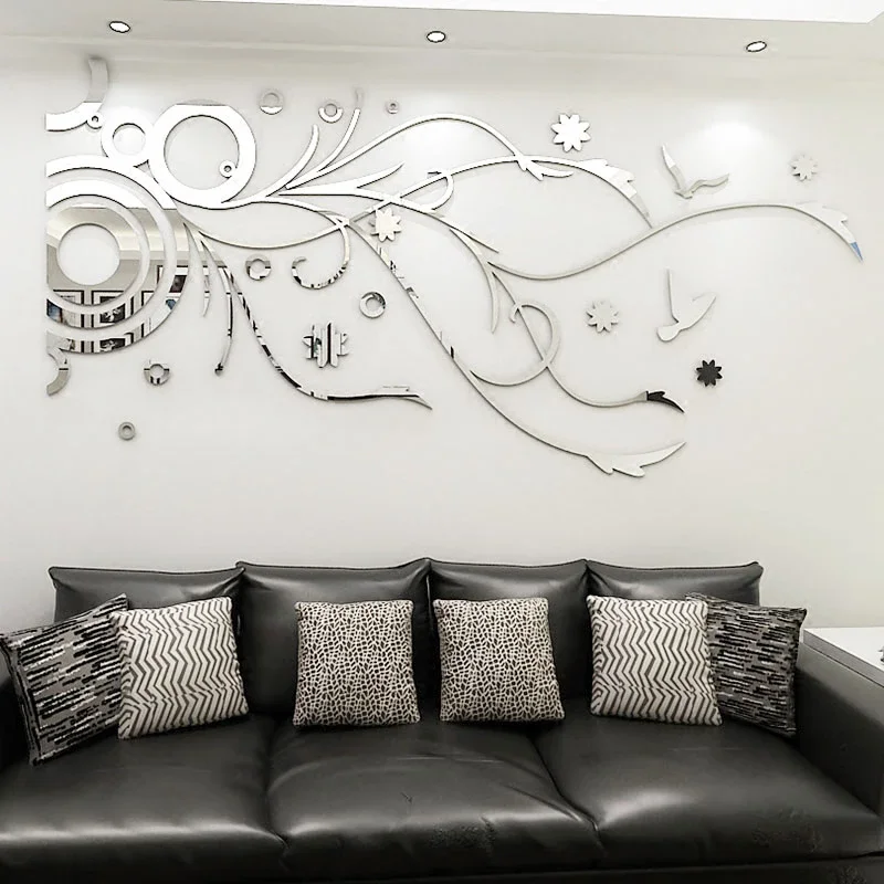 Mirror Flower Rattan Wall Stickers Acrylic 3D Wallpaper Living Room Bedroom DIY Art Wall Decal Home Decor