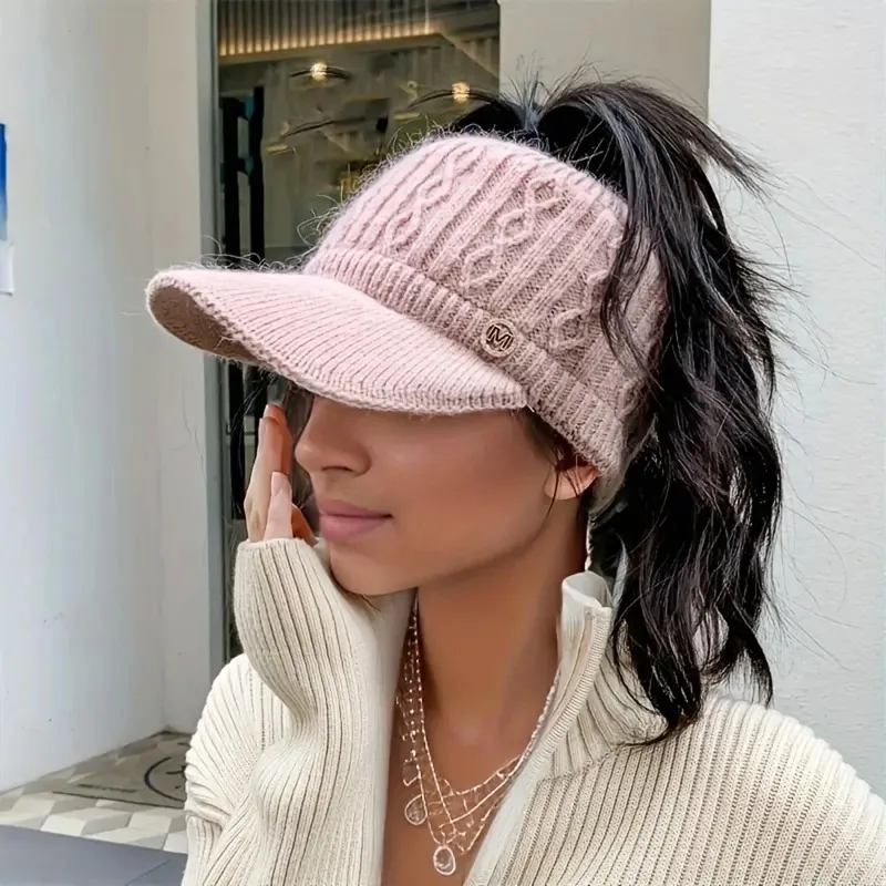Autumn and Winter Woolen Duck Tongue Cap Teenage Fashion Versatile Hat Female Leakage Ponytail Outdoor Padded Warm Knitted Cap
