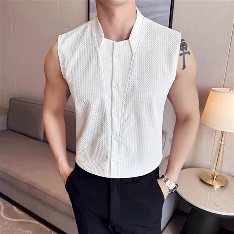 

Лето 2024, мужские рубашки без рукавов, облегающие повседневные рубашки в корейском стиле, мужские однотонные топы с воротником-стойкой, дышащая мужская блузка