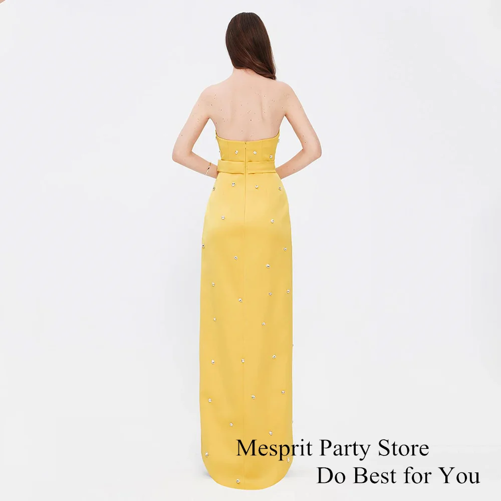 Yellow Satin Prom Dress Strapless Sleeveless Stone Crystal Floor Length Front Slit Straight Evening Gown Dubai Party Dresses