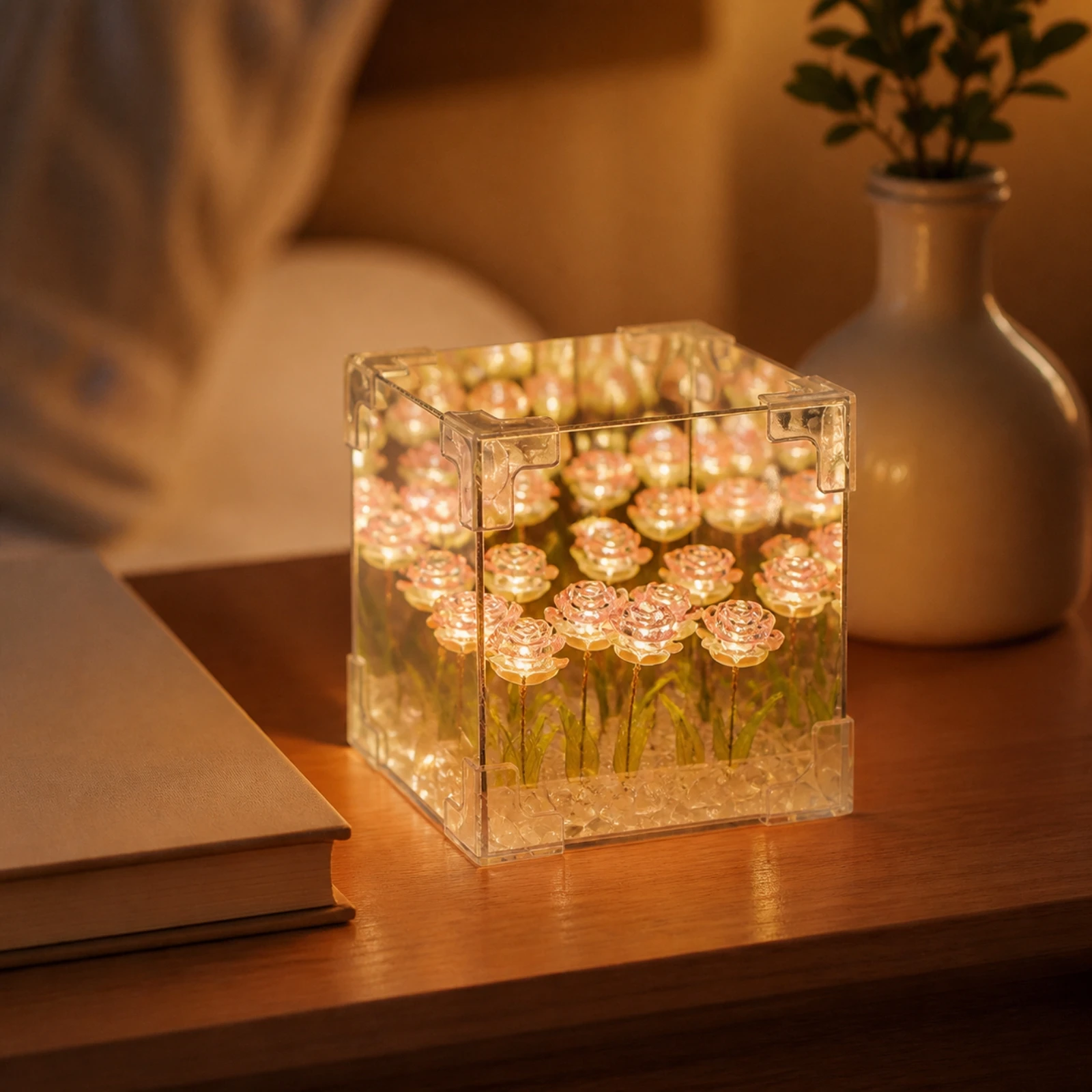 Rose Lamp with Acrylic Cube Floral Rose Night Light Flower Night Light Transparent Flower Lamp Decorative for Bedroom, Desk