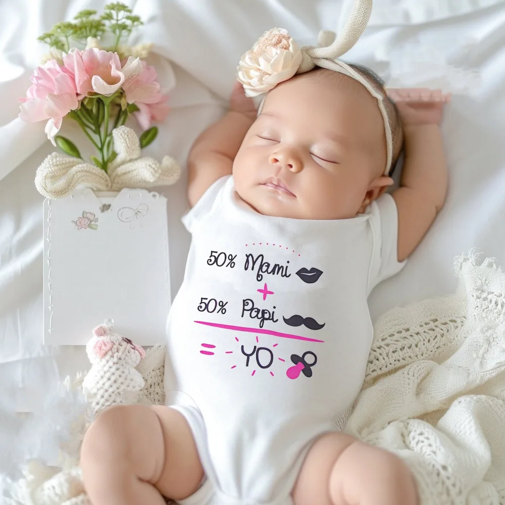 

50%mami+50%papi=yo Print Baby Romper Cute Short Sleeve Infant Bodysuit Casual Round Neck Jumpsuit Newborn Party Clothing Outfits
