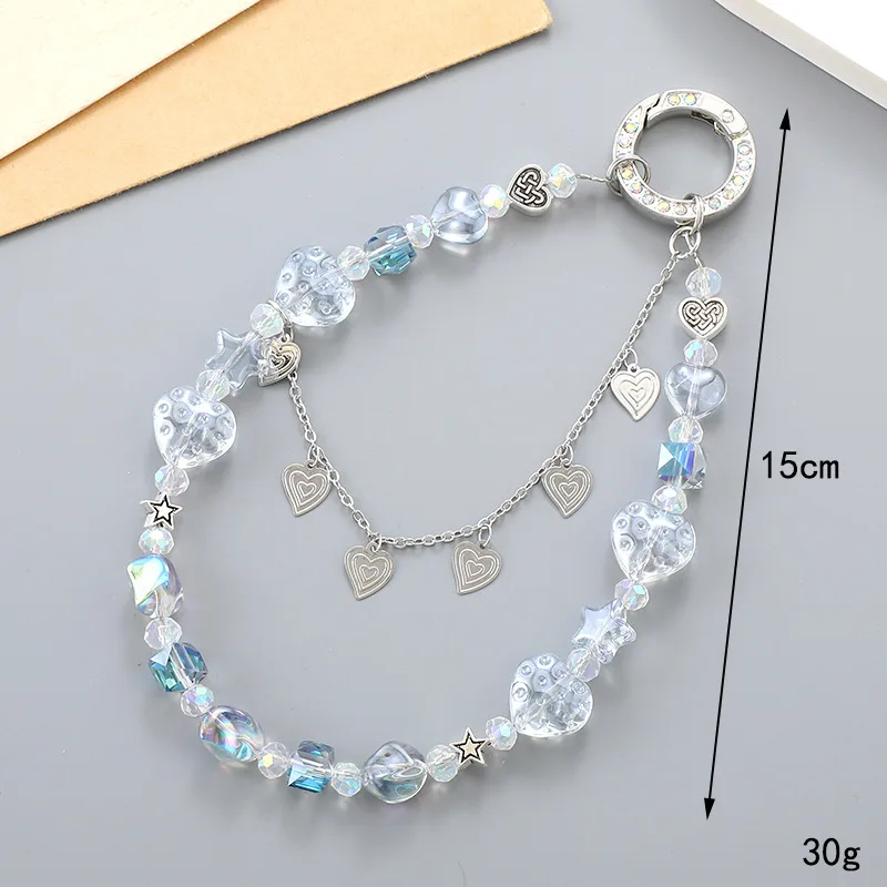 Creative new double-chain heart phone charm with versatile colored star bead keychain pendant.