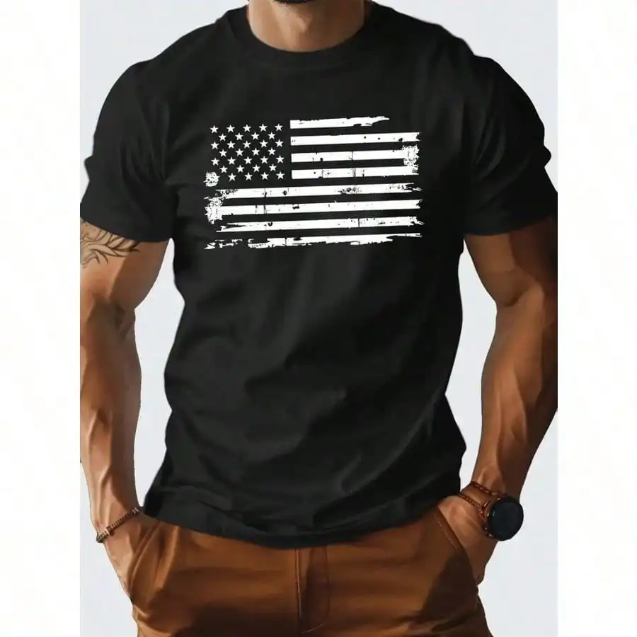 

1pc Men's American Flag Print T-Shirt - 100% Cotton Breathable & Lightweight, Relaxed Fit Crew Neck Short Sleeve