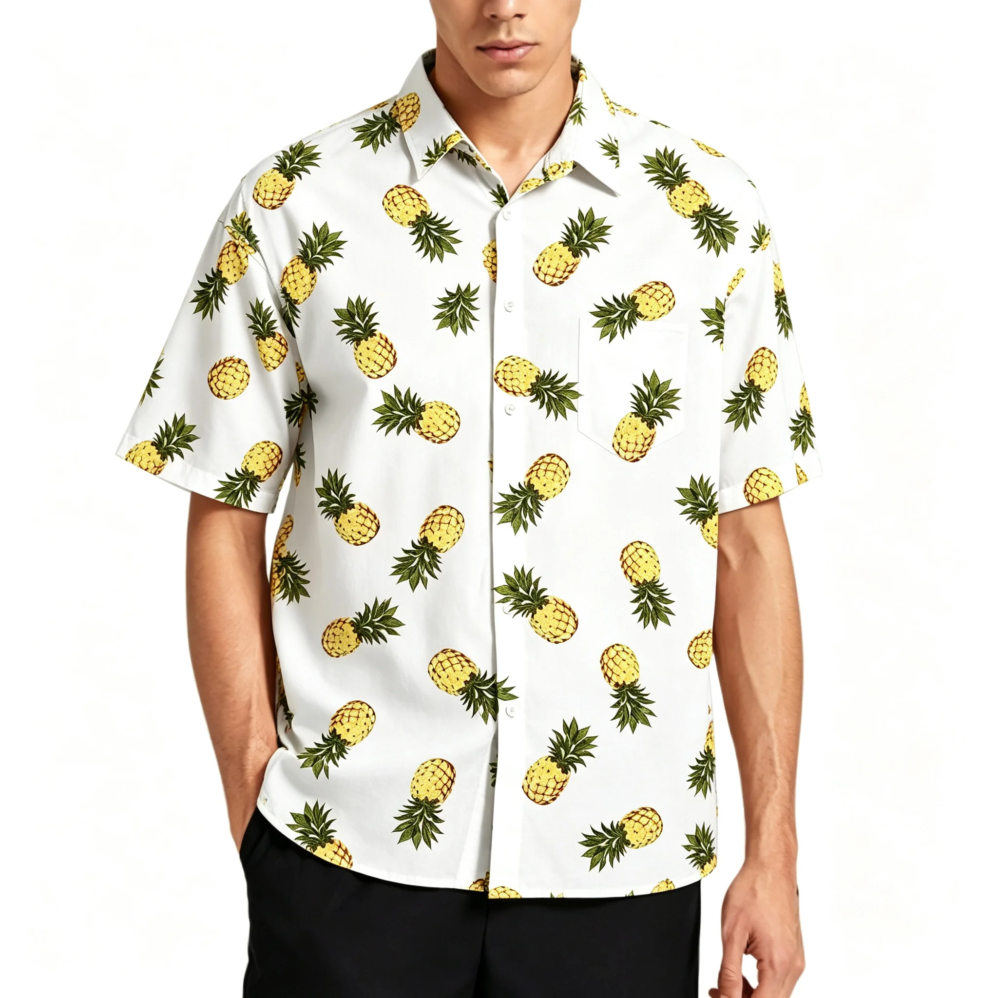 Men's casual short sleeved printed collar button down shirt, loose fitting shirt, men's summer casual wear