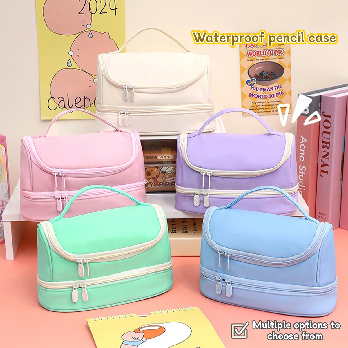 Macaron Color Large-capacity Pencil Bag Memory Waterproof Cloth Portable Pen Box Simple Cosmetic Bag Storage Bag Stationery Box