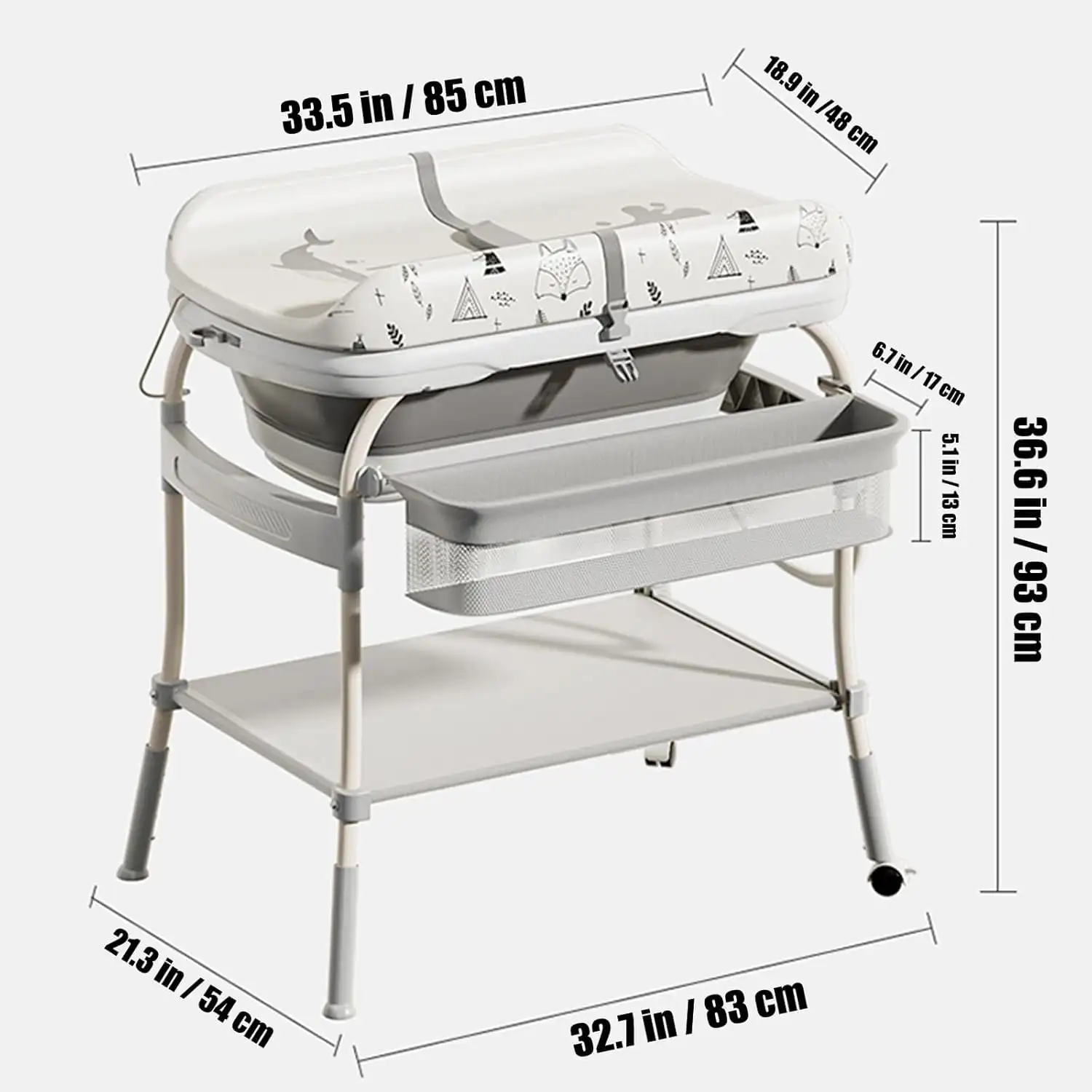 2 in 1 Baby Bathtub with Changing Table Diaper Changing Station Portable Adjustable Height Nursery Organizer Storage for Newborn