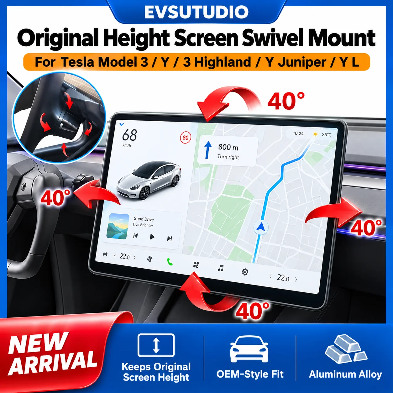 Original Height Screen Swivel Mount Kit for Tesla Model Y Juniper / 3 Highland /YL 4-Way Rotation Bracket LHD RHD Monitor Holder