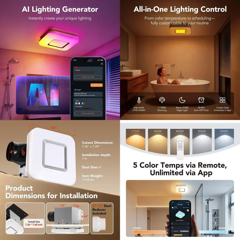 

Smart Bathroom Exhaust Fan with Light, 110 CFM, RGB Lighting, 2700K-6500K, Voice and App Control, Compatible with Alexa and Home