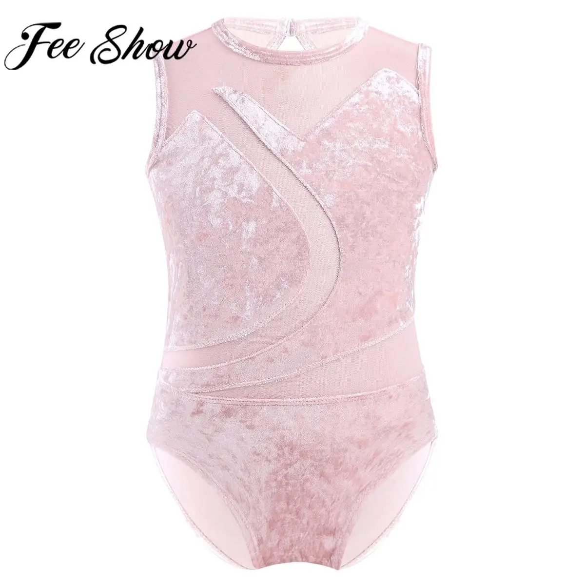 Girls Ballet Dance Leotard Sleeveless Soft Pleuche Sheer Mesh Splice Bodysuit for Gymnastics Figure Skating Acrobatics Yoga