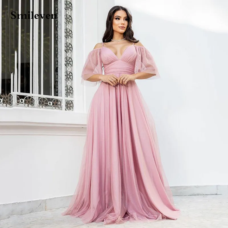 

Smileven Pink Evening Dresses Flare Sleeve Pleats V Neck Prom Gowns Puff Tulle Long Straps Formal Party Dress