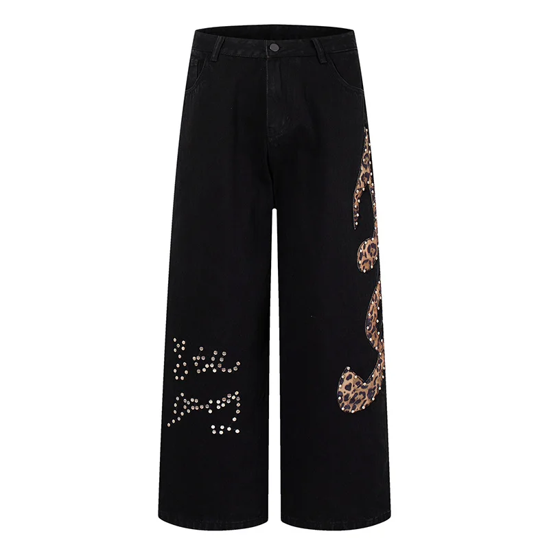 

Lepoard Patchwork Vintage Jeans Pants Streetwear Harakuju Black Denim Trousers For Male Hi Street