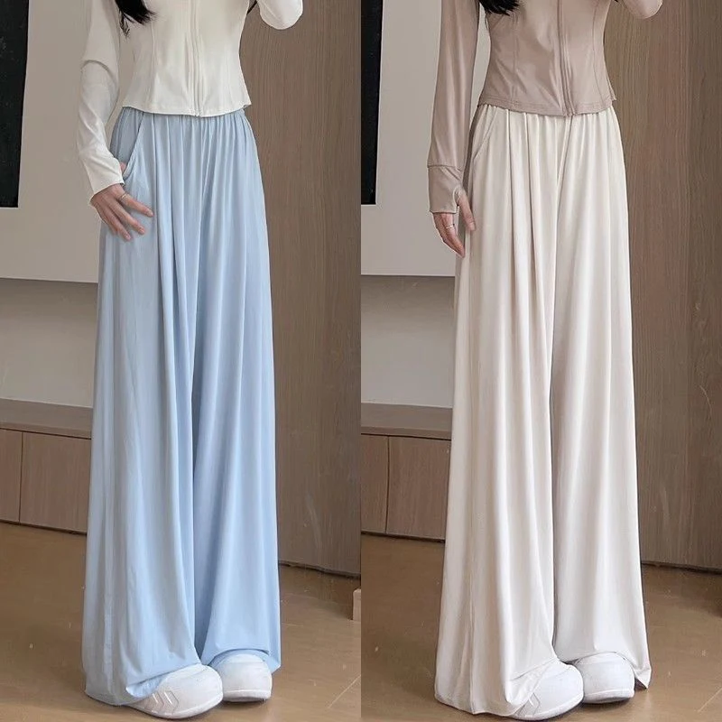 

Hot Sale Women Ice Silk Long Pants Girls Classic Fashion High Waist Trousers Female Solid Color Baggy Leisure Pants