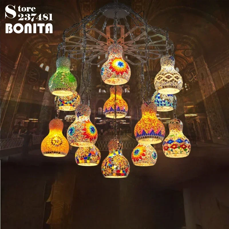 Turkish Moroccan Mosaic Glass Pendant Light Handmade Boho Gourd Hanging Lamp for Dining Room Bedroom Cafe  Restaurant Decoration
