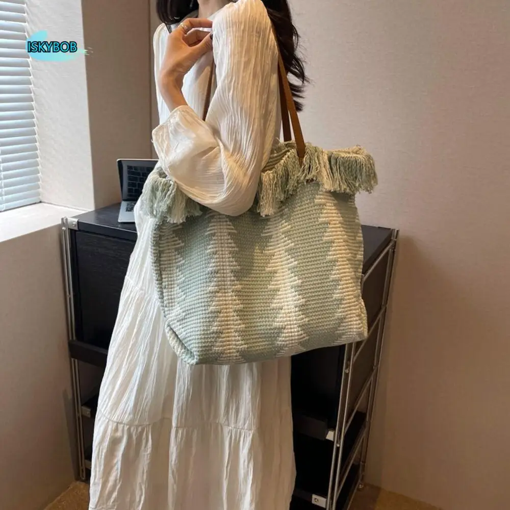 

Casual Printing Tassel Shoulder Bag Embroidery Handbags Straw Bag Korean Large Capacity Weave Tote Bag Spring Summer