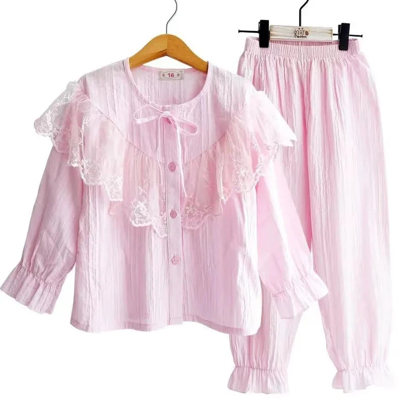 Cotton Linen Breathable Girls' Pajamas Two Piece Suit Long Sleeve Trousers Pajamas Spring Autumn Children's Round Neck Nightgown